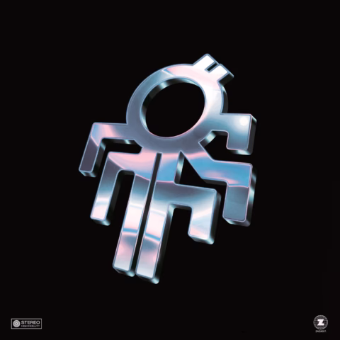 A shiny metallic abstract symbol resembling a geometric figure with a circular head and branching limbs, set against a black background with subtle rainbow reflections.