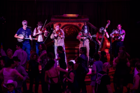 A bluegrass band with six musicians performs on stage with banjo, violin, mandolin, guitar, and double bass, whilst a crowd of people dances energetically in front of them under colourful stage lights.
