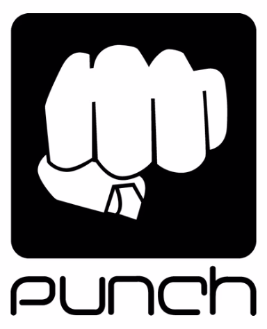 A white graphic of a clenched fist inside a black square, with the word punch in lowercase letters below the image.