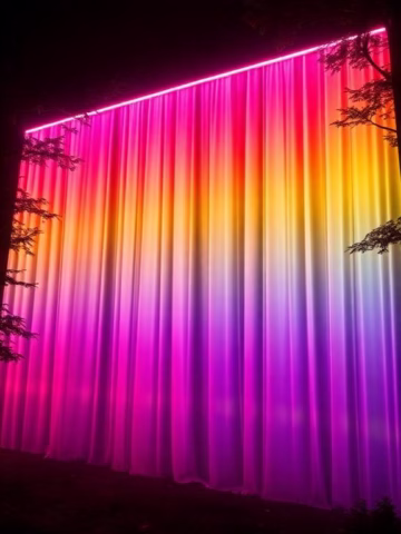 A brightly lit curtain hangs outdoors at night, illuminated with vibrant rainbow colours including pink, orange, yellow, and purple, framed by tree branches on both sides.