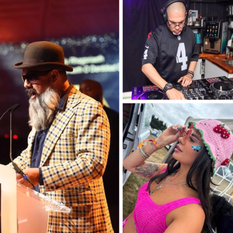 A collage features three people: a man with a hat and glasses speaking at a lectern, a DJ in a Raiders jersey mixing on turntables, and a woman in a pink crocheted hat and top posing outdoors with decorated sunglasses.