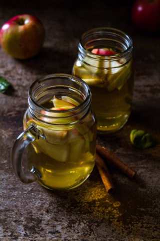 Two jam jar mugs filled with apple cider and apple slices on a rustic surface, with cinnamon sticks, an apple, and green leaves in the background.