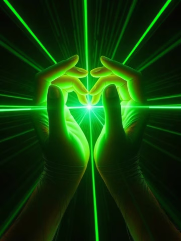 Two hands are positioned close together, surrounding a glowing green light whilst green laser beams radiate outward, creating a futuristic and mystical effect against a dark background.