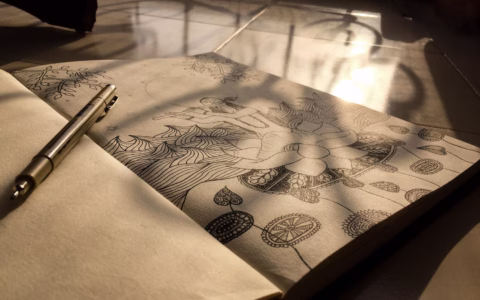 A sketchbook with intricate pen drawings lies open on a tiled surface, with a pen resting nearby. Sunlight casts soft shadows across the pages, creating a warm and creative atmosphere.
