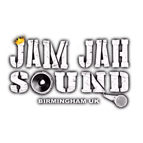 Logo for Jam Jah Sound with a gold crown on the J, a speaker in the first O, and a microphone over the second O. Text below reads Birmingham UK. The design has a distressed, grunge style.