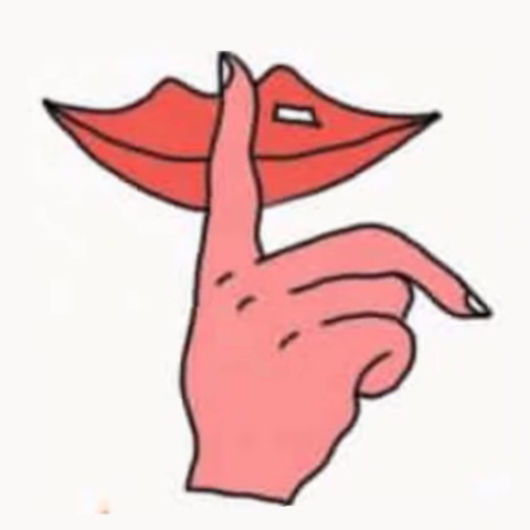 A cartoon hand with the index finger raised in front of red lips, making a shh gesture to indicate silence or quietness.