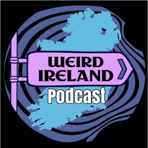 Logo for Weird Ireland Podcast featuring stylised blue map of Ireland with bold, wavy black lines in the background and podcast name in large text across the image.