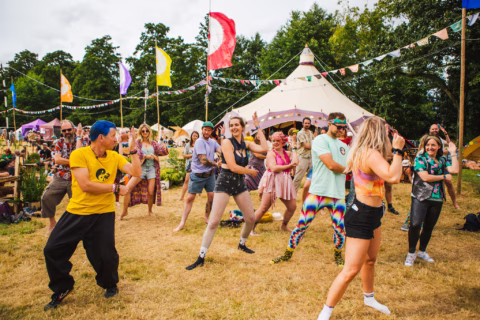 A lively group of people dance outdoors on grass at a colourful festival, with tents, flags, and bunting in the background. The crowd is smiling and wearing vibrant, eclectic outfits. Trees and a cloudy sky are visible.