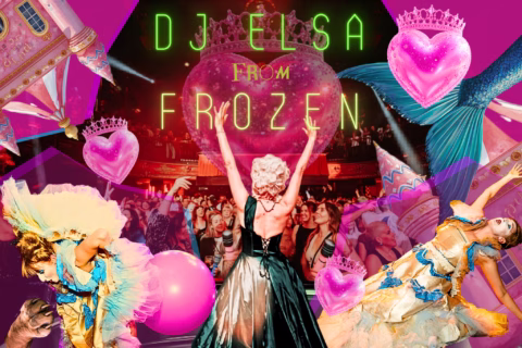A woman dressed as Elsa from Frozen stands on stage with arms raised before a cheering crowd. Neon text reads DJ Elsa from Frozen. The image has bright pink hearts, a mermaid tail, and dancers in colourful costumes.
