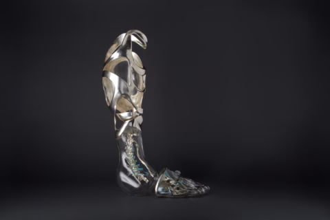 A prosthetic leg with a metallic upper section and a transparent lower section filled with colourful mechanical elements, displayed against a black background.
