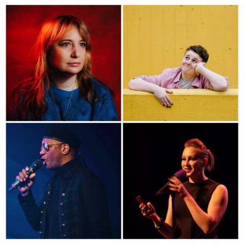 A collage of four people: a woman with light brown hair against a red background, a person leaning on a yellow wall, a man singing into a microphone, and a woman speaking into a microphone on stage.