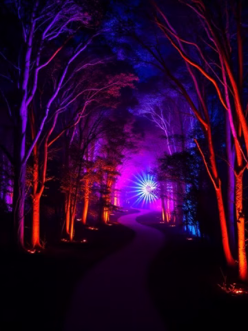 A winding path through a forest is illuminated by vibrant purple, blue, and orange lights, with trees glowing and a bright, star-shaped light display shining in the distance.
