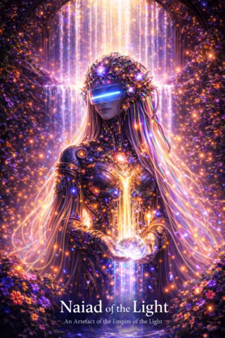 A glowing, ethereal figure in futuristic armour and a visor holds a radiant orb, surrounded by cascading light and flowers. Text below reads Naiad of the Light - An Artefact of the Empire of the Light.