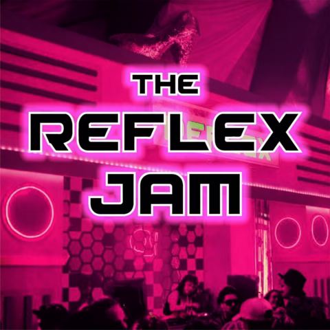 A neon pink-tinted nightclub scene with a DJ booth and people dancing. Bold text in the centre reads THE REFLEX JAM in futuristic font. Geometric patterns and lights decorate the background.