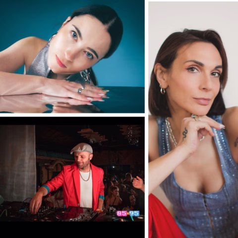 A collage features two close-up portraits of a woman with short dark hair and one image of a man in a flat cap and red jacket DJing at an event.
