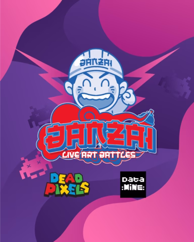 Colourful poster with a cartoon character in a cap, text “BANZAI GIVE ART BATTLES,” pixelated space invader shapes, and logos for “Dead Pixels” and “Data Mine” on a pink and purple abstract background.