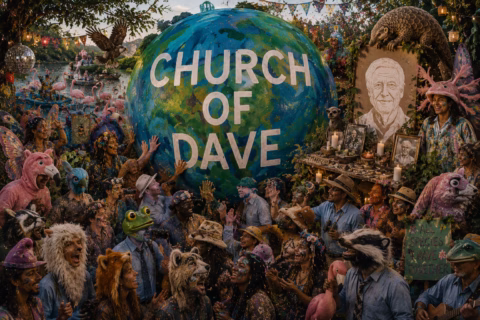 A colourful, whimsical scene with people in animal costumes gathered around a large painted globe reading “CHURCH OF DAVE.” There are animal statues, candles, photos, and a large portrait of a man amid lush, playful decorations.