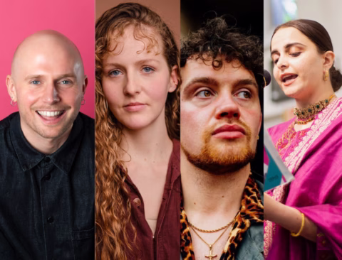 A collage of four people: a smiling bald man on a pink background, a woman with curly hair looking neutral, a man with curly hair and a beard looking away, and a woman in a pink outfit reading from a paper.