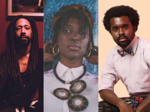 A split image shows three people: on the left, a man with long dreadlocks; in the centre, a woman with an elaborate necklace and headwrap; and on the right, a man with a bow tie and floral trousers.