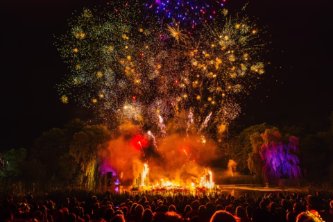 A large crowd watches a vibrant fireworks display at night, with colourful bursts of light and smoke illuminating the sky and trees in the background.