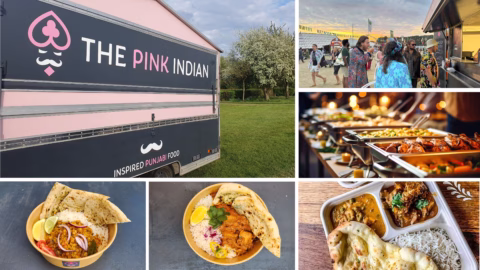 Collage showing The Pink Indian food van, people ordering at the van, a buffet with Indian dishes, and plates of Punjabi food including naan, rice, curry, and garnishes.