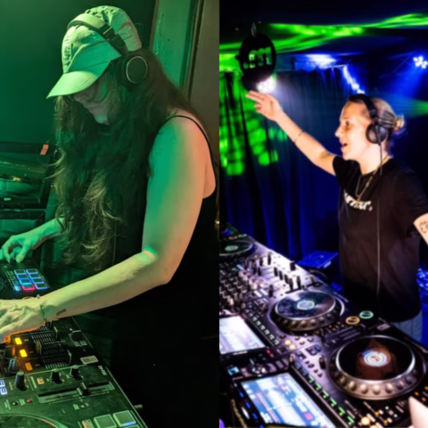 Split image showing two DJs at their turntables: On the left, a DJ in a cap and headphones adjusts controls under green light; on the right, a DJ with tattoos raises an arm whilst playing in a club with blue and green lighting.