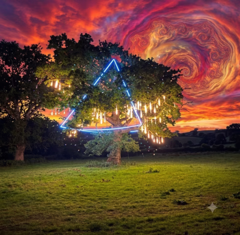 A tree with glowing hanging lights and a neon blue triangle sits in a field under a dramatic, swirling orange and purple sunset sky.