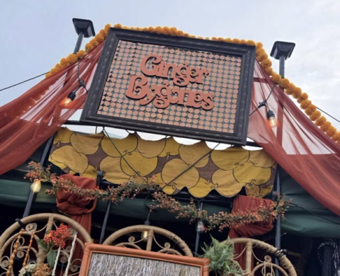 A decorated stall with the sign Ginger B3ginnes in orange letters, draped with red fabric, marigold flowers, and fairy lights against a partly cloudy sky.