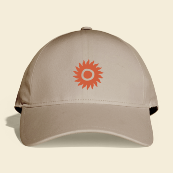 The SHAMBALA BASEBALL CAP is beige with a centred orange sunburst design on the front, shown against a plain off-white background.