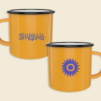 Two orange SHAMBALA 2026 CAMPING MUGS with black rims: one features "SHAMBALA" in stylised purple text, while the other displays a purple sunburst design with a central circle.