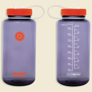 Two views of the translucent purple WATER BOTTLE: SHAMBALA x NALGENE bottles with orange lids and white carrying loops—one features a sun and "ADVENTURES IN UTOPIA" text, the other has volume measurements and the Nalgene logo.