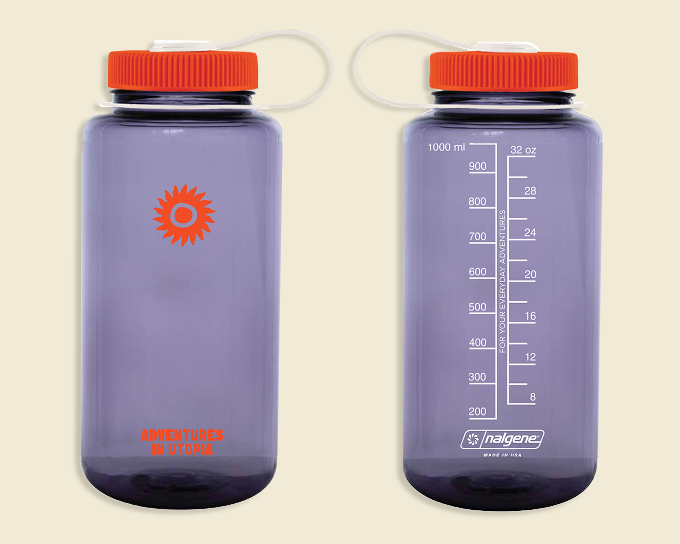 Two views of the translucent purple WATER BOTTLE: SHAMBALA x NALGENE bottles with orange lids and white carrying loops—one features a sun and "ADVENTURES IN UTOPIA" text, the other has volume measurements and the Nalgene logo.