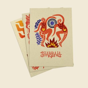 The POSTCARD SET: SHAMBALA x SOPHIE BASS includes three beige postcards with bold abstract red, blue, and orange designs. The top card shows an eye, flames, curving shapes, and “SHAMBALA” in decorative text at the bottom.