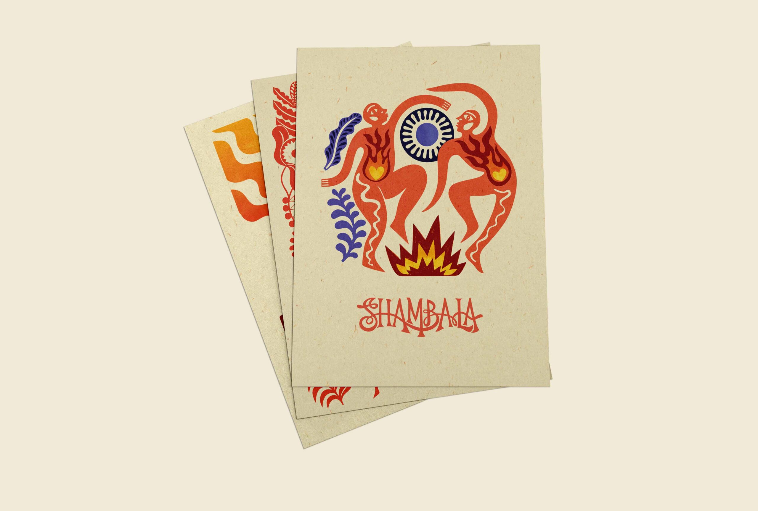The POSTCARD SET: SHAMBALA x SOPHIE BASS includes three beige postcards with bold abstract red, blue, and orange designs. The top card shows an eye, flames, curving shapes, and “SHAMBALA” in decorative text at the bottom.