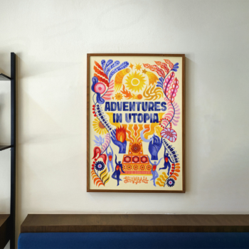 A LIMITED EDITION A2 ART PRINT: SHAMBALA x SOPHIE BASS hangs on the wall, featuring “ADVENTURES IN UTOPIA” amid blue, orange, and yellow abstract shapes, plants, sun, hands, and faces. Books and a decorative hand rest on a nearby shelf.