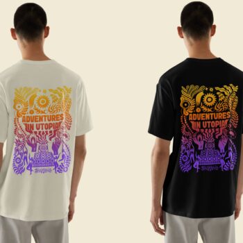 Two men stand facing backwards, each in an SH26 T-SHIRT: SHAMBALA x SOPHIE BASS with ornate graphics and "Adventures in Utopia" text. One wears white with orange and pink design; the other, black with orange and purple.