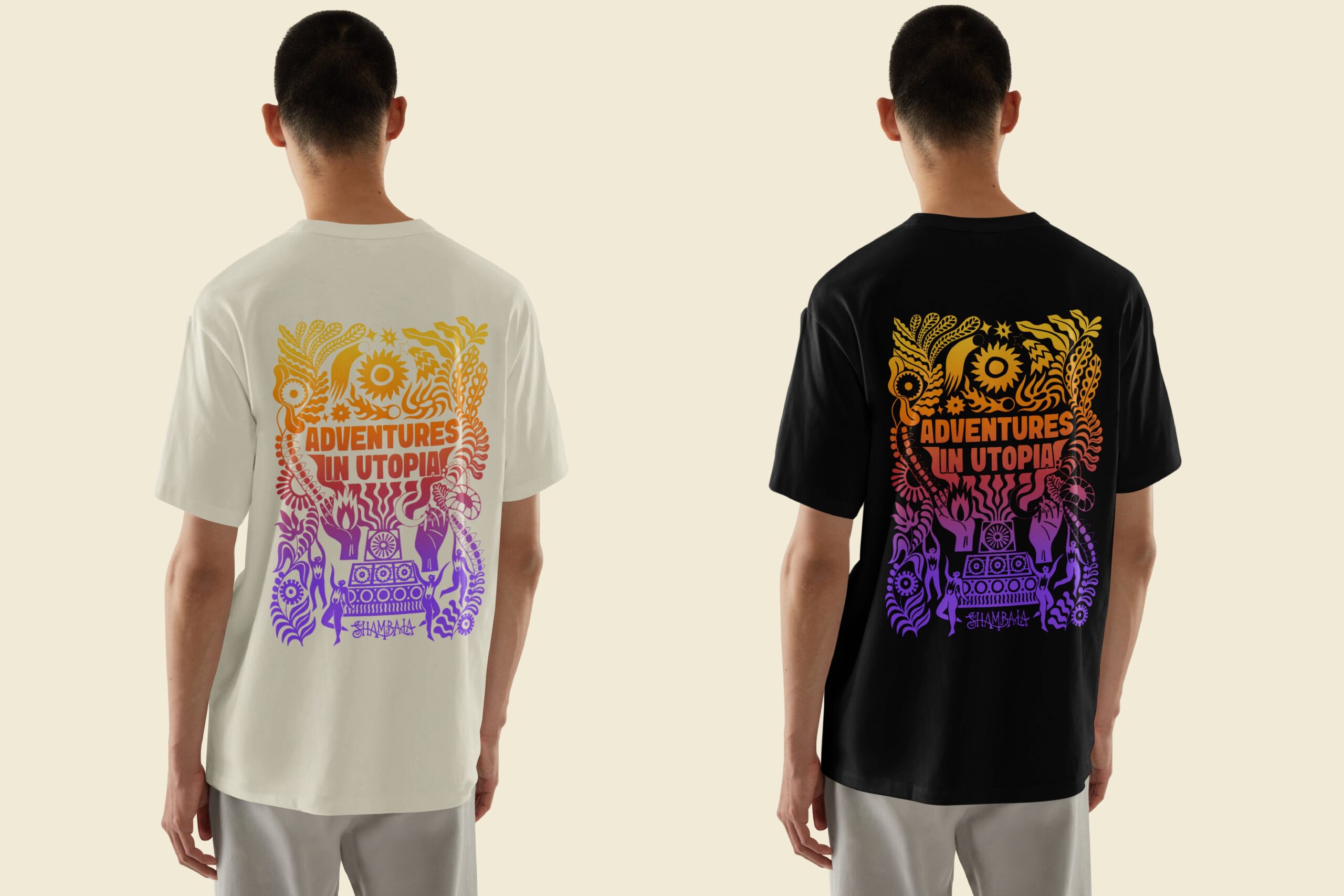 Two men stand facing backwards, each in an SH26 T-SHIRT: SHAMBALA x SOPHIE BASS with ornate graphics and "Adventures in Utopia" text. One wears white with orange and pink design; the other, black with orange and purple.