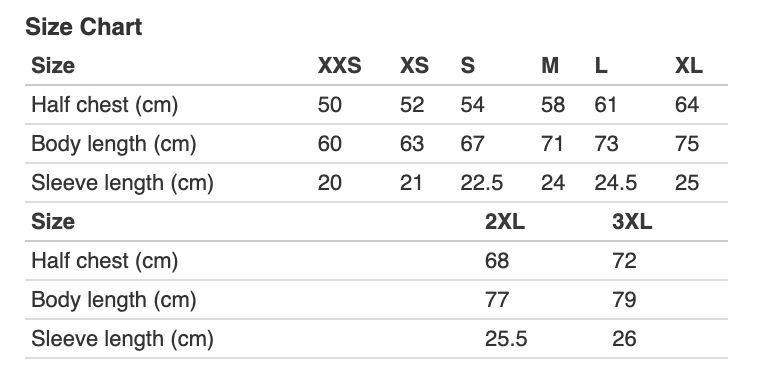 Size chart for TSHIRT: SHAMBALA x SOPHIE BASS shows half chest, body length, and sleeve length (cm) for sizes XXS–3XL, with measurements increasing as size goes up.