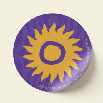 The SHAMBALA SUNSHINE STICKER features a round yellow sun on a purple background with "adventures in utopia | www.shambalafestival.org" curving along the lower right edge.