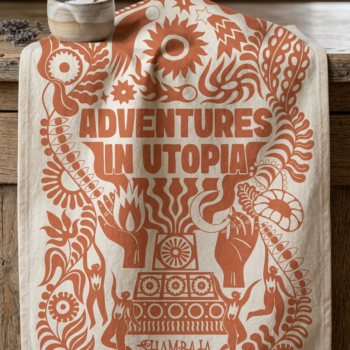 The TEA TOWEL: SHAMBALA x SOPHIE BASS features bold orange art and "Adventures in Utopia" text on beige fabric, with "Shambala" and decorative accents at the bottom, shown draped over wood beneath a ceramic bowl and spoon.