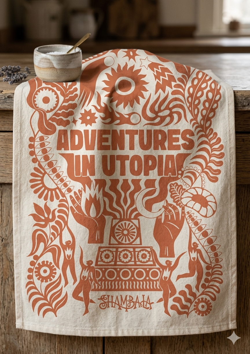 The TEA TOWEL: SHAMBALA x SOPHIE BASS features bold orange art and "Adventures in Utopia" text on beige fabric, with "Shambala" and decorative accents at the bottom, shown draped over wood beneath a ceramic bowl and spoon.