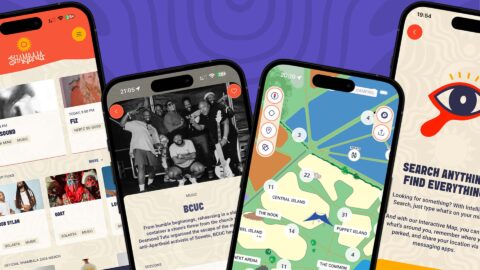 Four smartphones display a vibrant festival app, showing event schedules, artist profiles, a detailed festival map with zones, and a search feature. The background is purple with a subtle pattern.