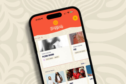 A smartphone displays a festival app with live event info, featuring artist photos, event names, times, and music categories. The app uses a warm colour palette and sun logo, with a patterned background behind the phone.