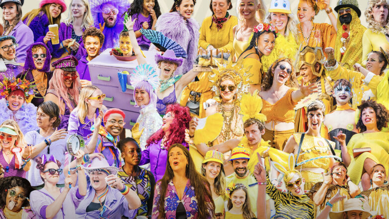 A large, joyful montage of people dressed in vibrant purple and yellow costumes and accessories, smiling, and laughing.