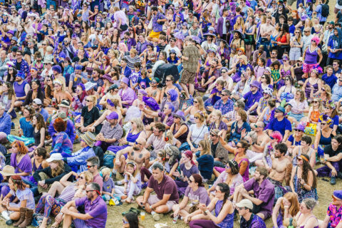 A large crowd of people wearing various shades of purple sit and stand outdoors at a festival or event, appearing relaxed and festive on a sunny day.