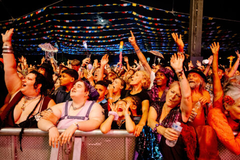 A diverse crowd at a lively outdoor concert at night, with people smiling, raising their hands, and cheering. Colourful flags are strung overhead.