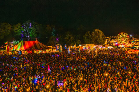A large, vibrant crowd gathers at a nighttime outdoor festival with colourful lights, a striped circus tent, flags, and a lit Ferris wheel in the background. Trees and more festival activities surround the scene.